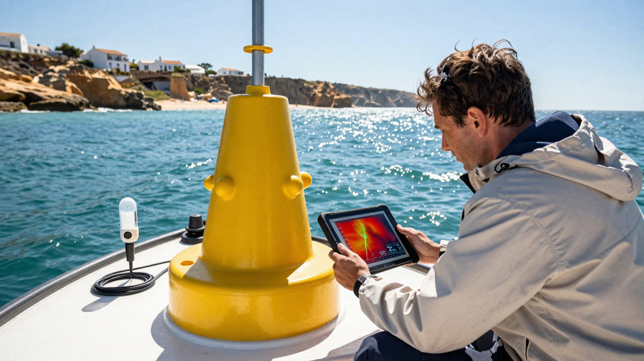 Mann auf Boot mit Tablet, daneben große gelbe Boje im Wasser vor felsiger Küste mit Häusern.