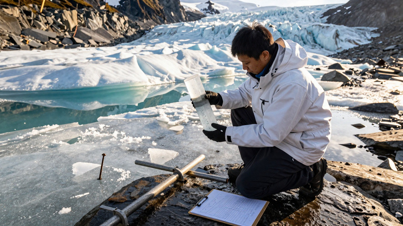 Forscher sammelt in weißer Jacke Eisproben am Gletscher in arktischer Landschaft mit blauer Eisfläche.