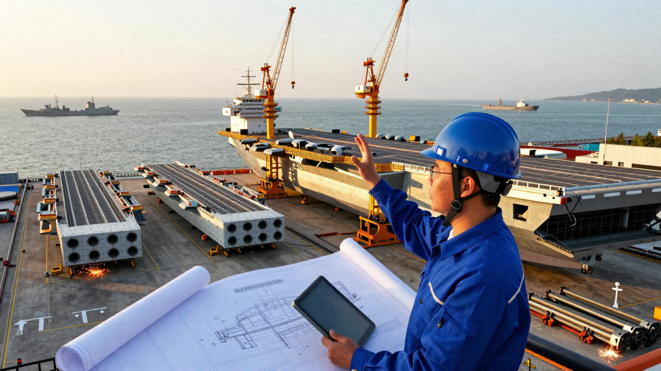 Ingenieur mit Helm und Tablet überprüft Baupläne auf einer Werft mit Schiffen und Kränen im Hintergrund.