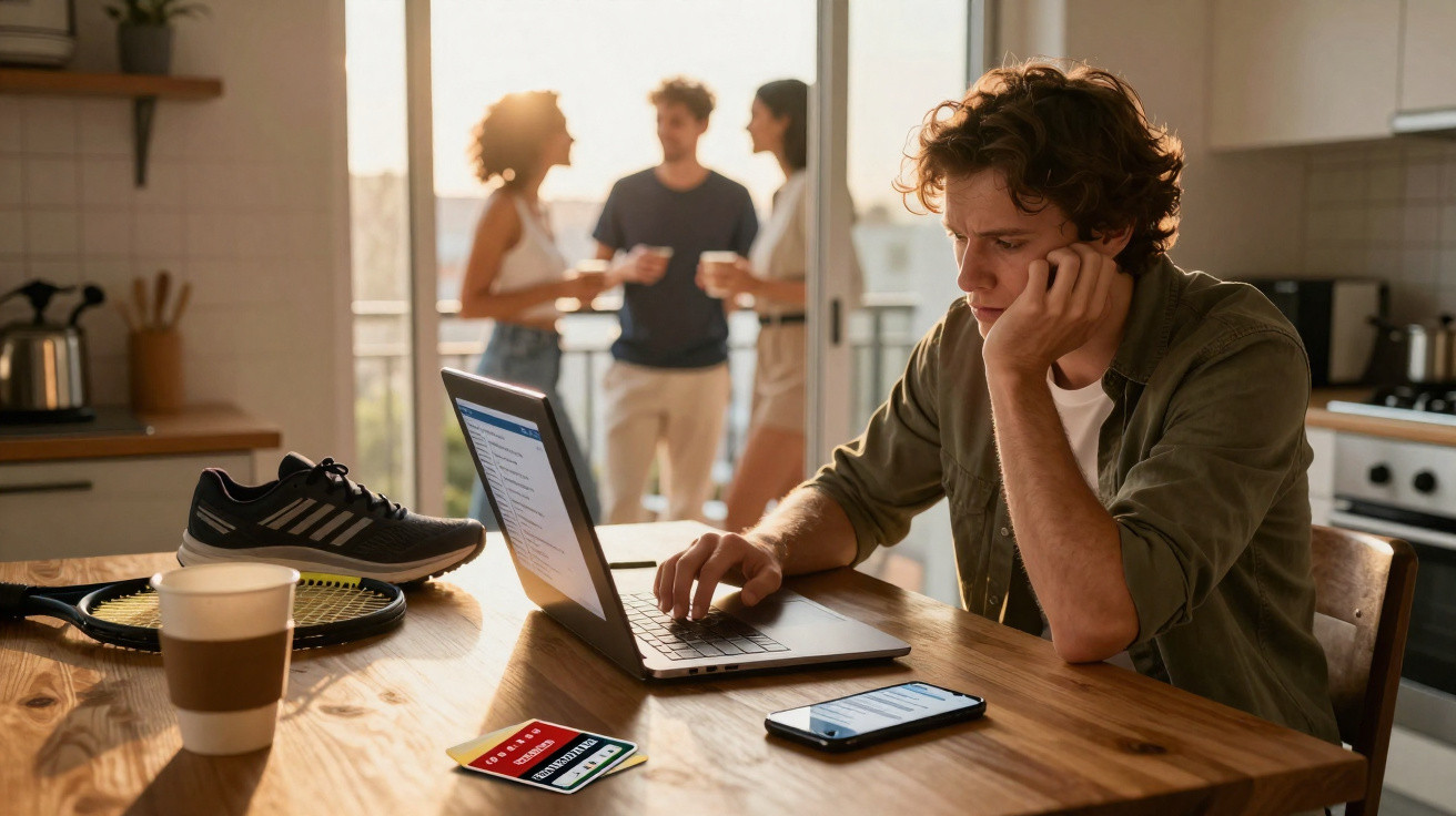 Junger Mann arbeitet allein am Laptop, im Hintergrund unterhalten sich drei Personen auf dem Balkon.