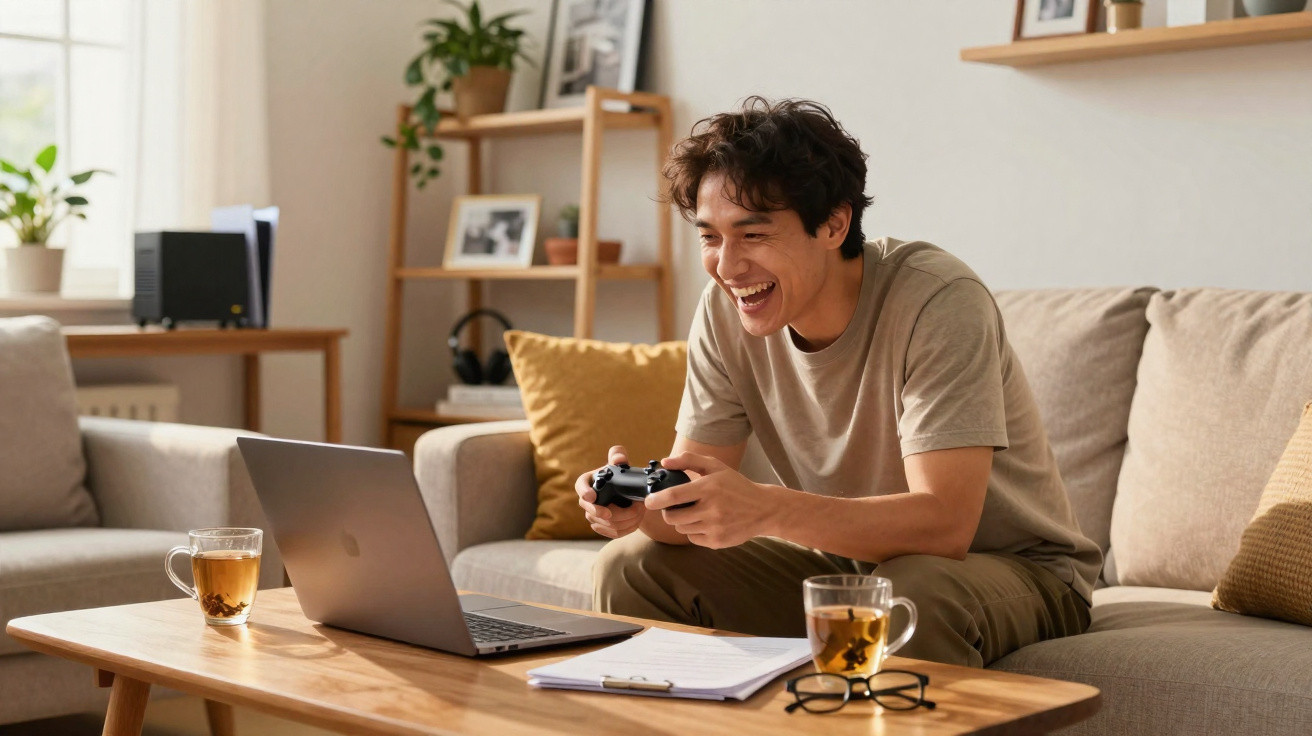 Junger Mann sitzt auf Sofa und spielt mit Gamecontroller vor offenem Laptop, Tee und Brille auf dem Tisch.