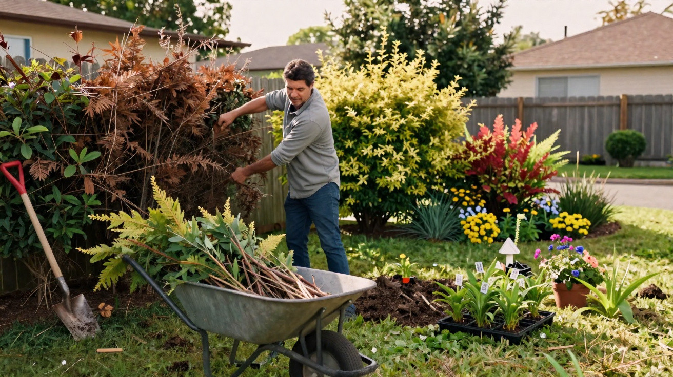 Mann arbeitet im Garten, entfernt Pflanzen, Schubkarre mit Pflanzen und Gartenwerkzeug sichtbar.