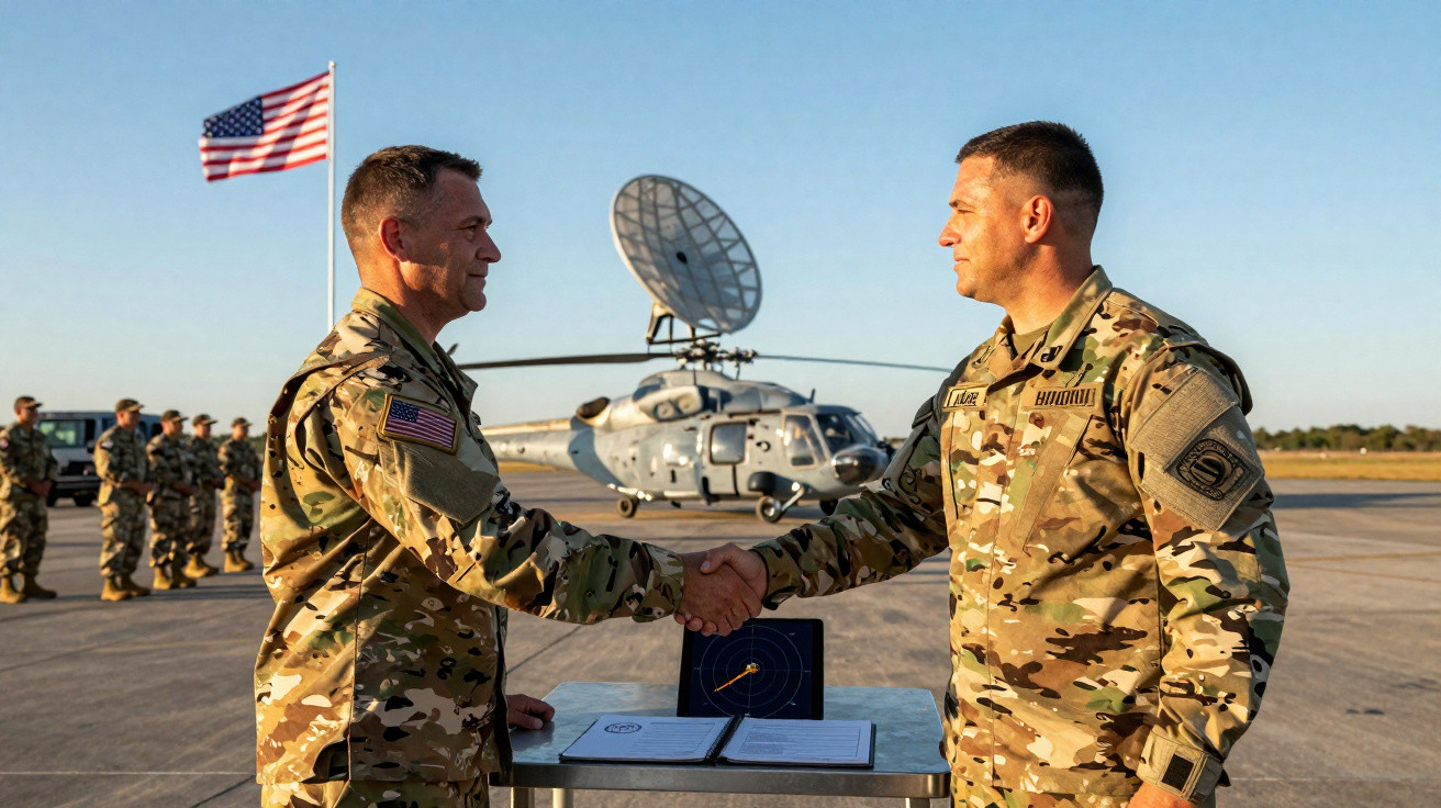 Zwei Soldaten in Tarnuniformen schütteln vor Hubschrauber und US-Flagge die Hand auf Flugfeld.