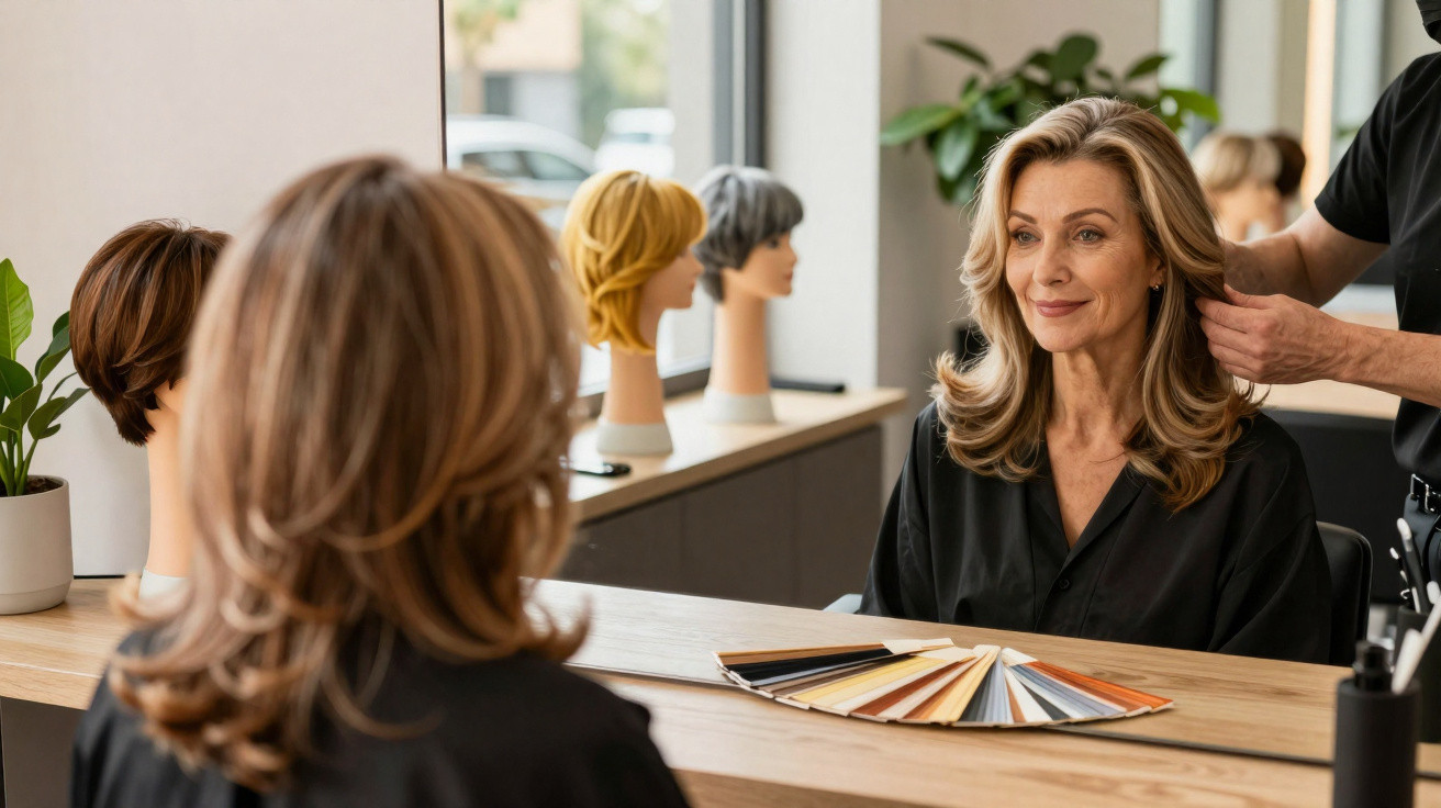Frau sitzt im Friseursalon vor Spiegel, Stylist passt ihre blonde Frisur an, Farbpalette liegt auf dem Tisch.