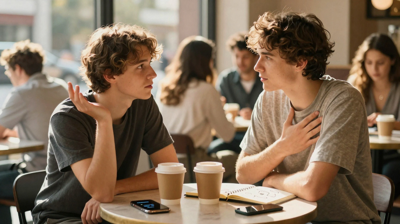 Zwei junge Männer sitzen in einem Café und unterhalten sich bei Kaffee und Notizen am Tisch.