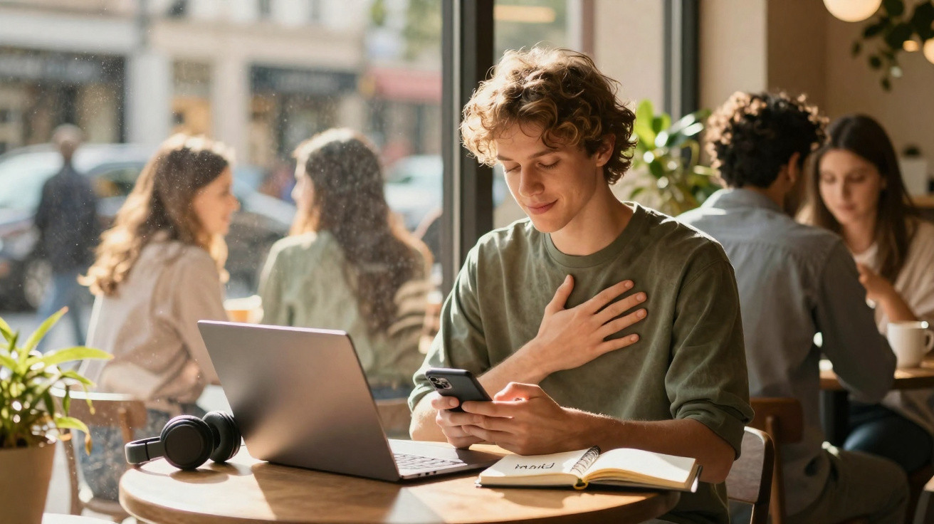 Junger Mann sitzt in Café am Tisch mit Laptop, Smartphone und Notizbuch und lächelt dankbar.