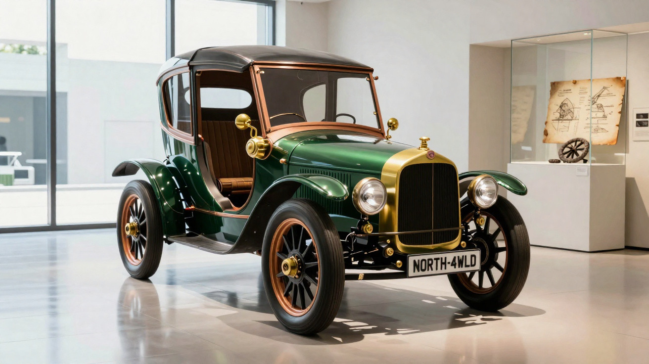 Grünes Oldtimer-Auto mit schwarzem Dach in modernem Museum vor großen Fenstern und Vitrinen.