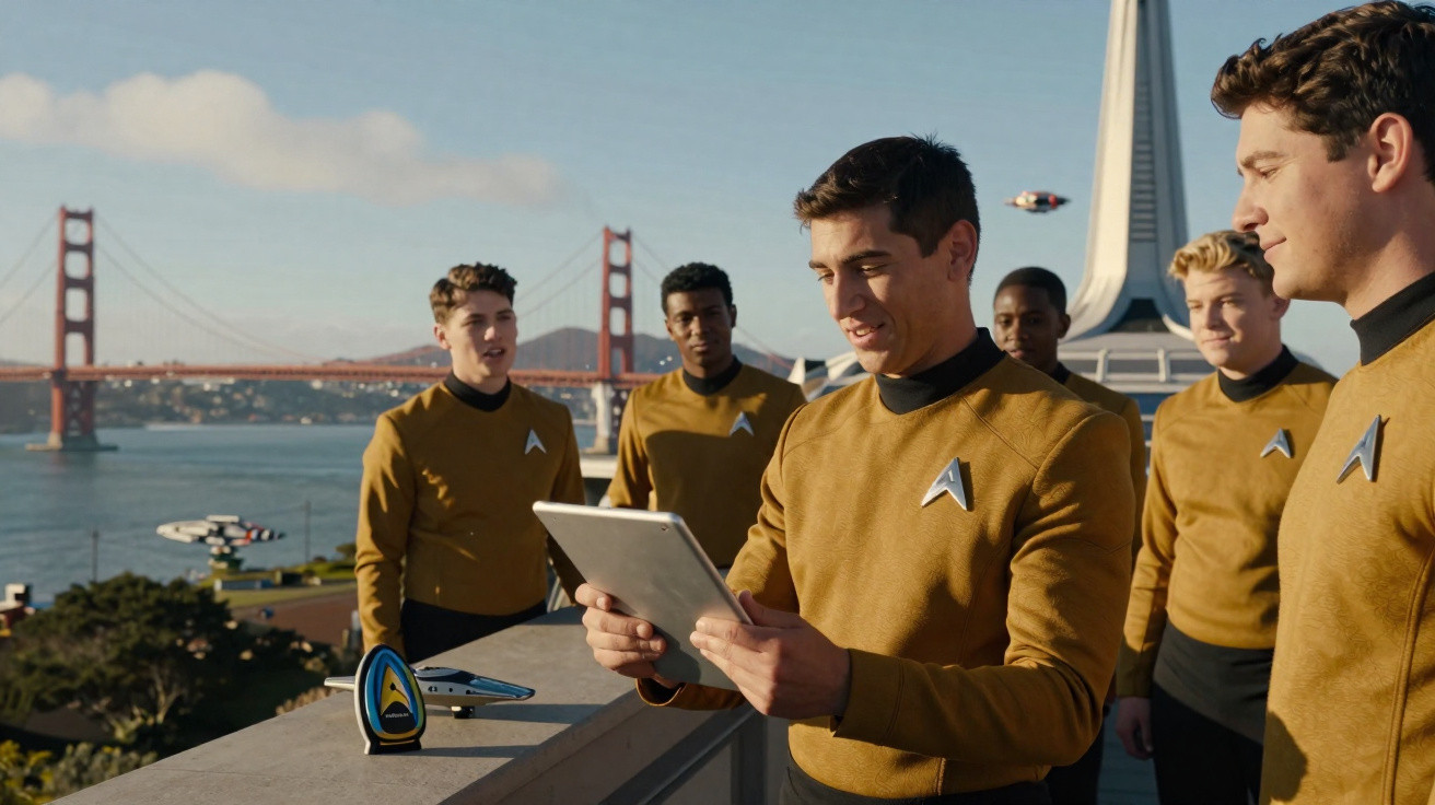 Sechs Personen in goldenen Star-Trek-Uniformen vor der Golden Gate Bridge und einem futuristischen Gebäude.