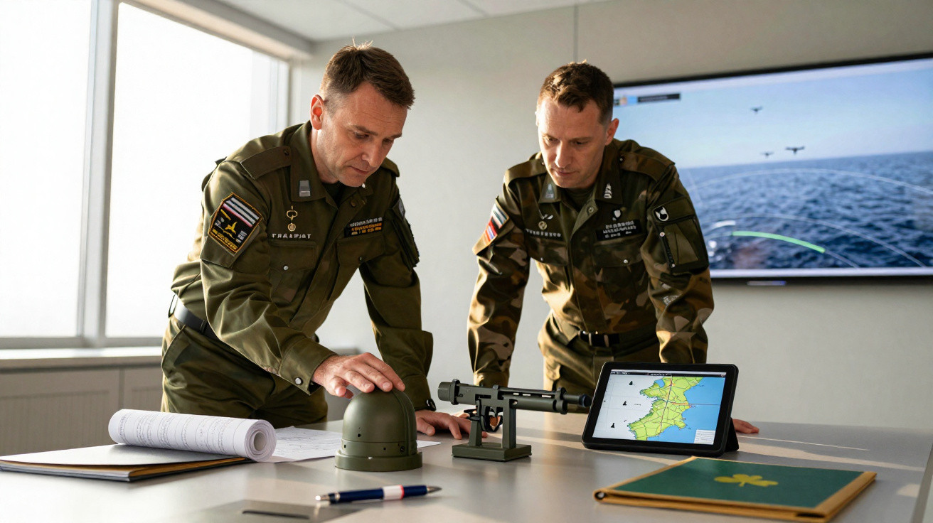 Zwei Soldaten in Uniform planen Strategie mit Tablet, Modellwaffe und Karten in hellem Raum mit Bildschirm.
