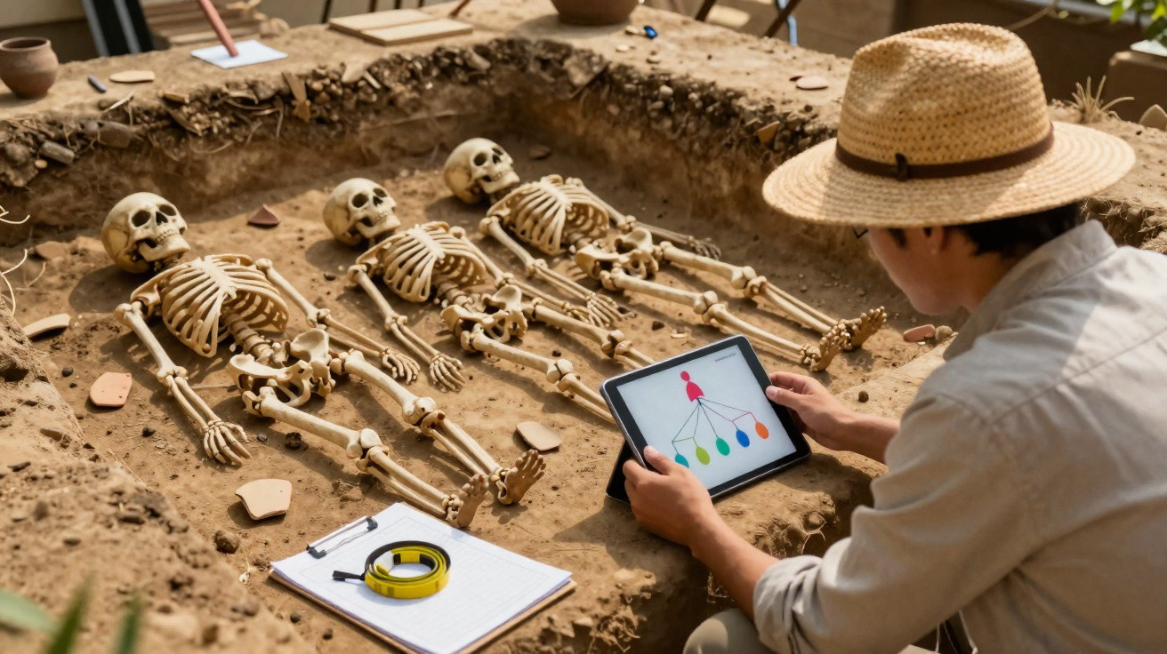 Archäologe mit Strohhut untersucht drei menschliche Skelette bei Ausgrabung mit Tablet und Messwerkzeugen.