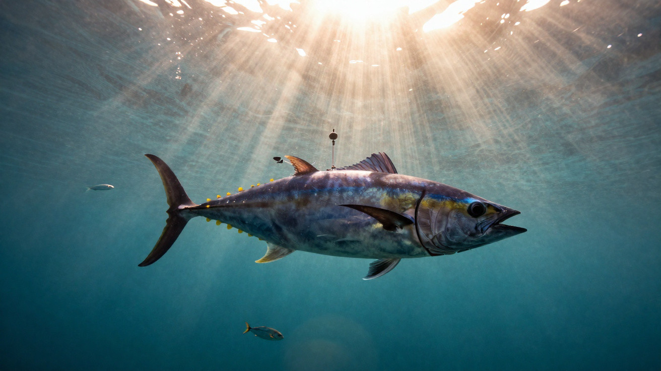 Unterwasseraufnahme eines Thunfischs mit Sonnenstrahlen, die durchs Wasser brechen.