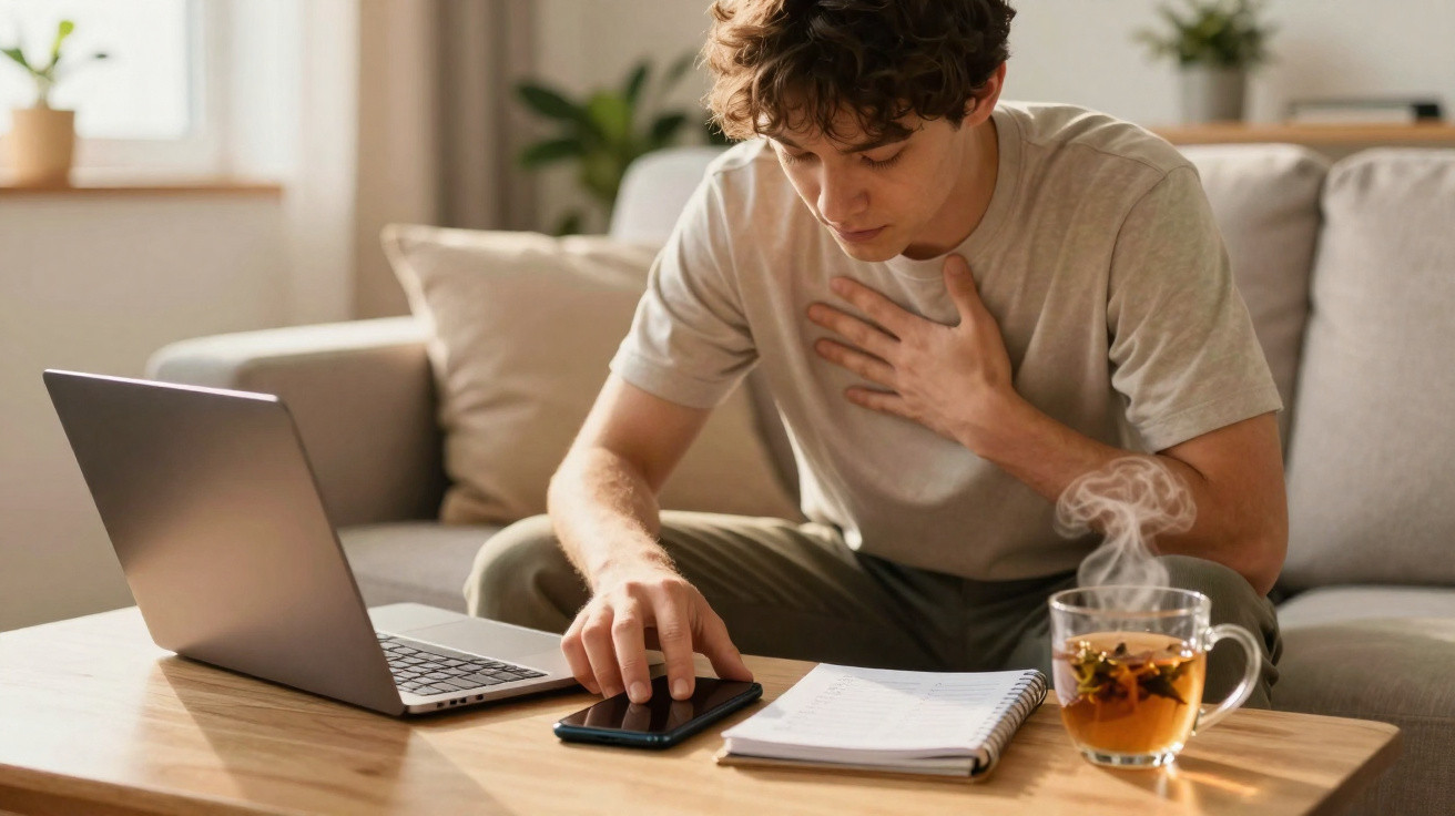 Mann sitzt auf Sofa, fasst sich an die Brust, blickt auf Smartphone, Laptop und Notizblock auf dem Tisch.