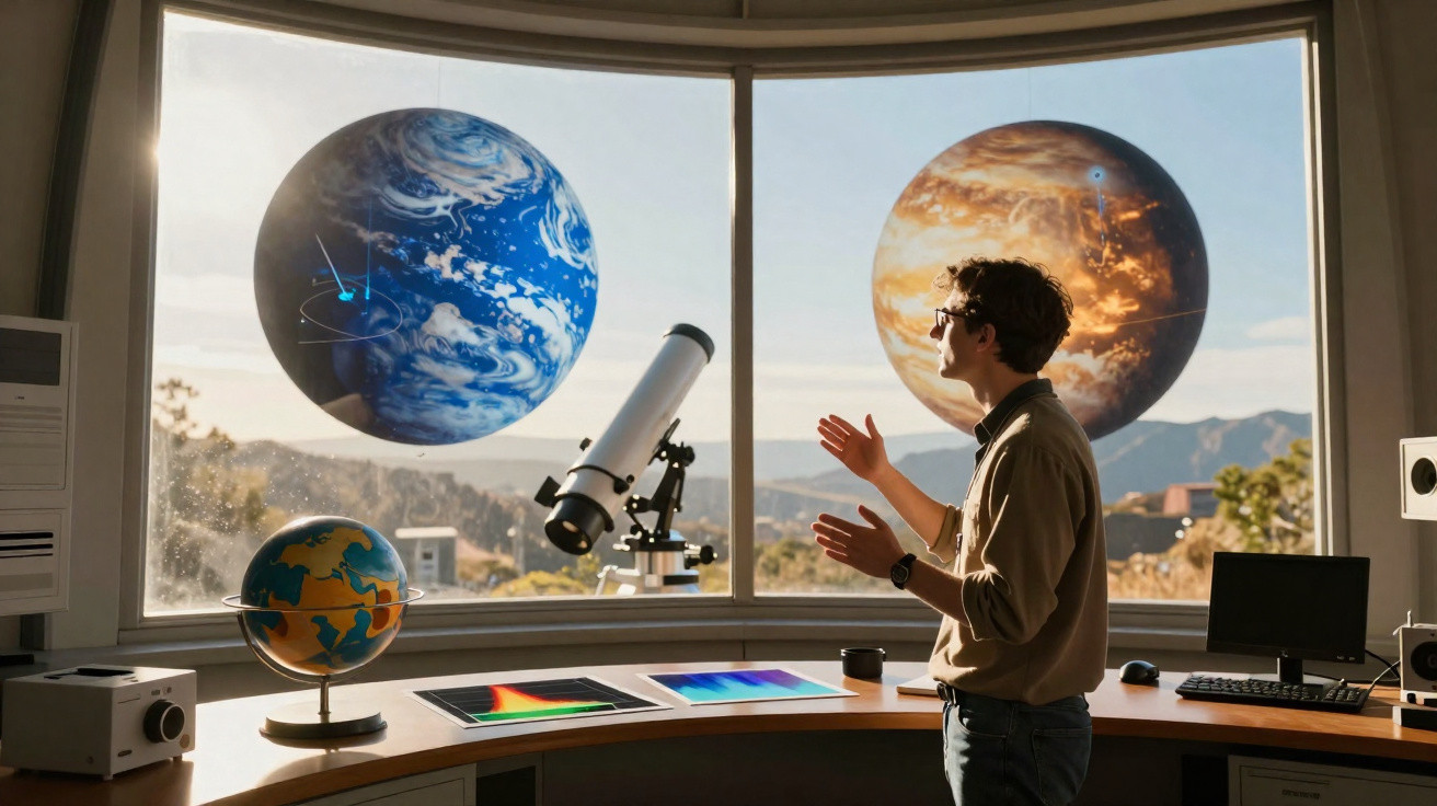 Ein Mann steht vor einem Fenster mit zwei großen Planetenabbildungen, ein Globus und ein Teleskop sind sichtbar.