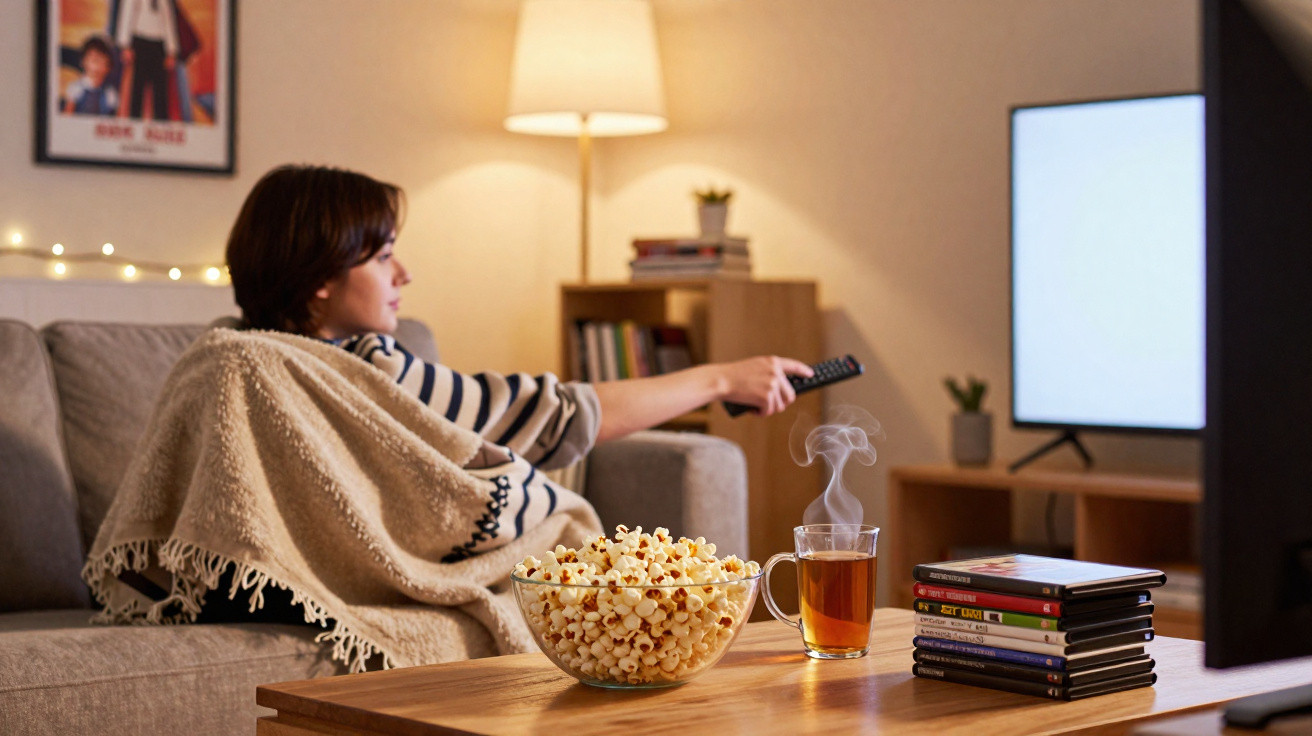 Frau sitzt auf Sofa mit Decke, hält Fernbedienung, sieht fern, Popcorn und Tee auf Tisch im Wohnzimmer.