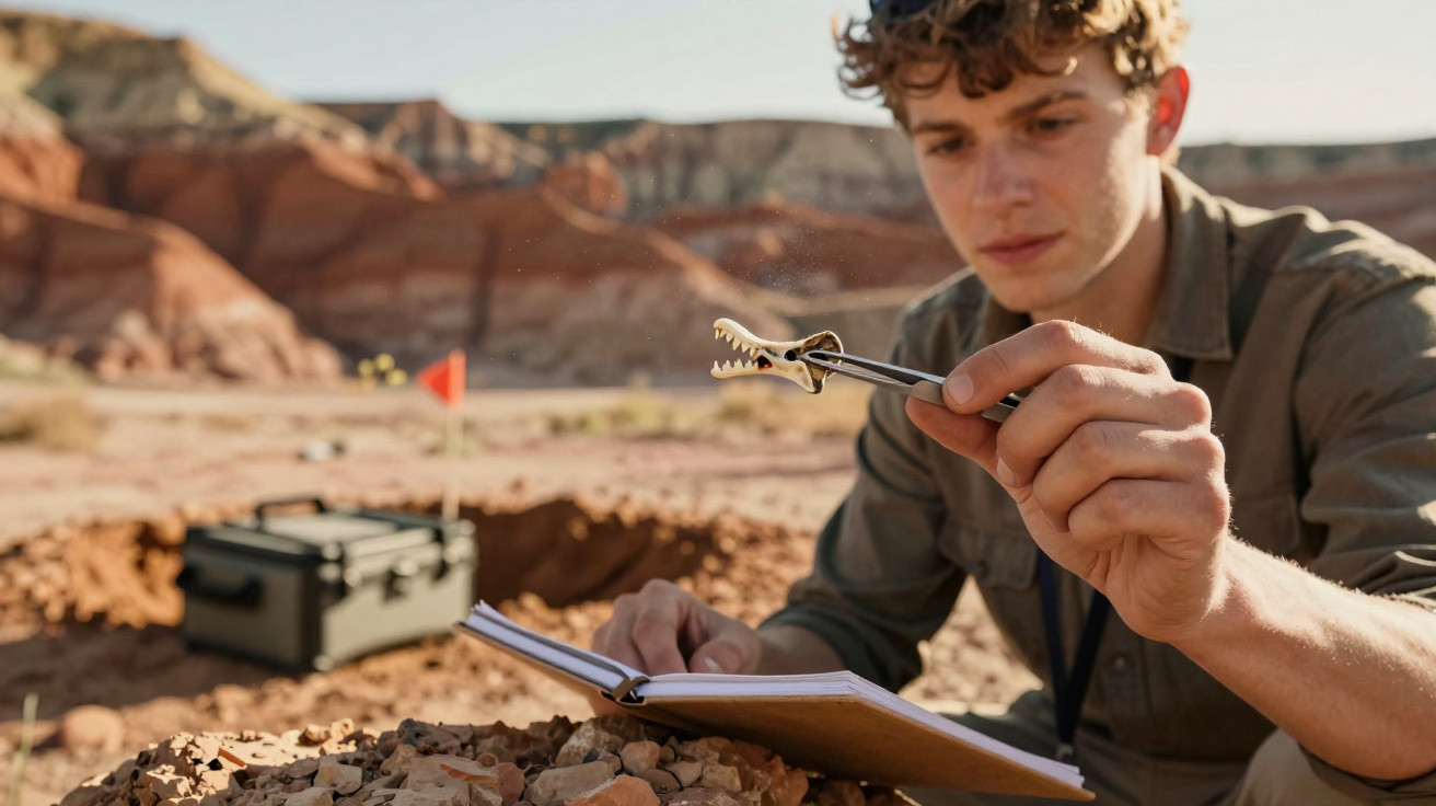 Junger Mann untersucht im Freien ein Fossil mit Pinzette und macht Notizen in einem Buch.