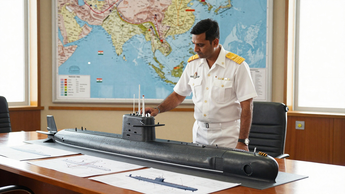 Marineoffizier in Uniform untersucht U-Boot-Modell auf Tisch vor Weltkarte im Besprechungsraum