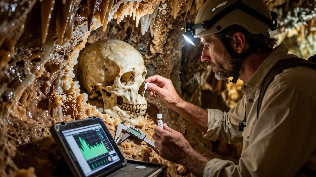 Höhlenforscher untersucht menschlichen Schädel mit Helm und Stirnlampe in Tropfsteinhöhle, technisches Messgerät sichtbar.