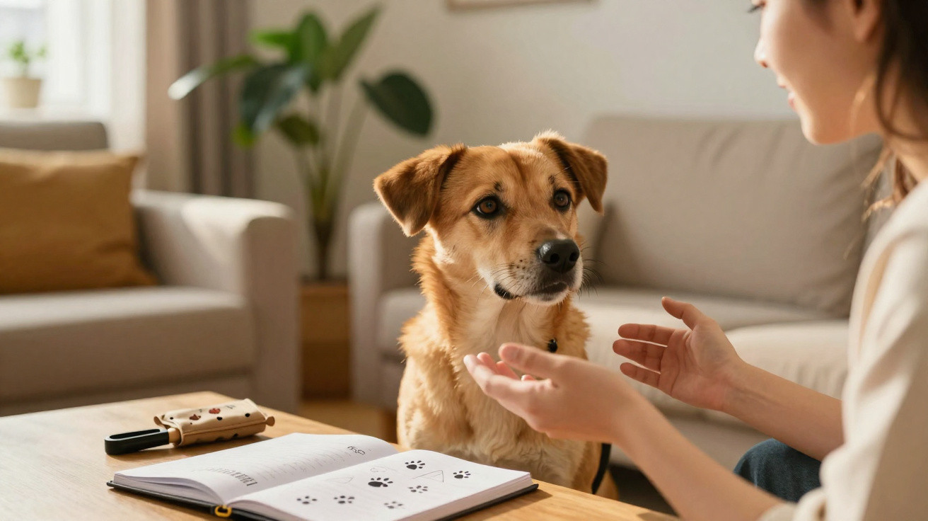 Frau kommuniziert mit aufmerksamem Hund neben offenem Buch mit Pfotenabdrücken auf dem Tisch im Wohnzimmer.