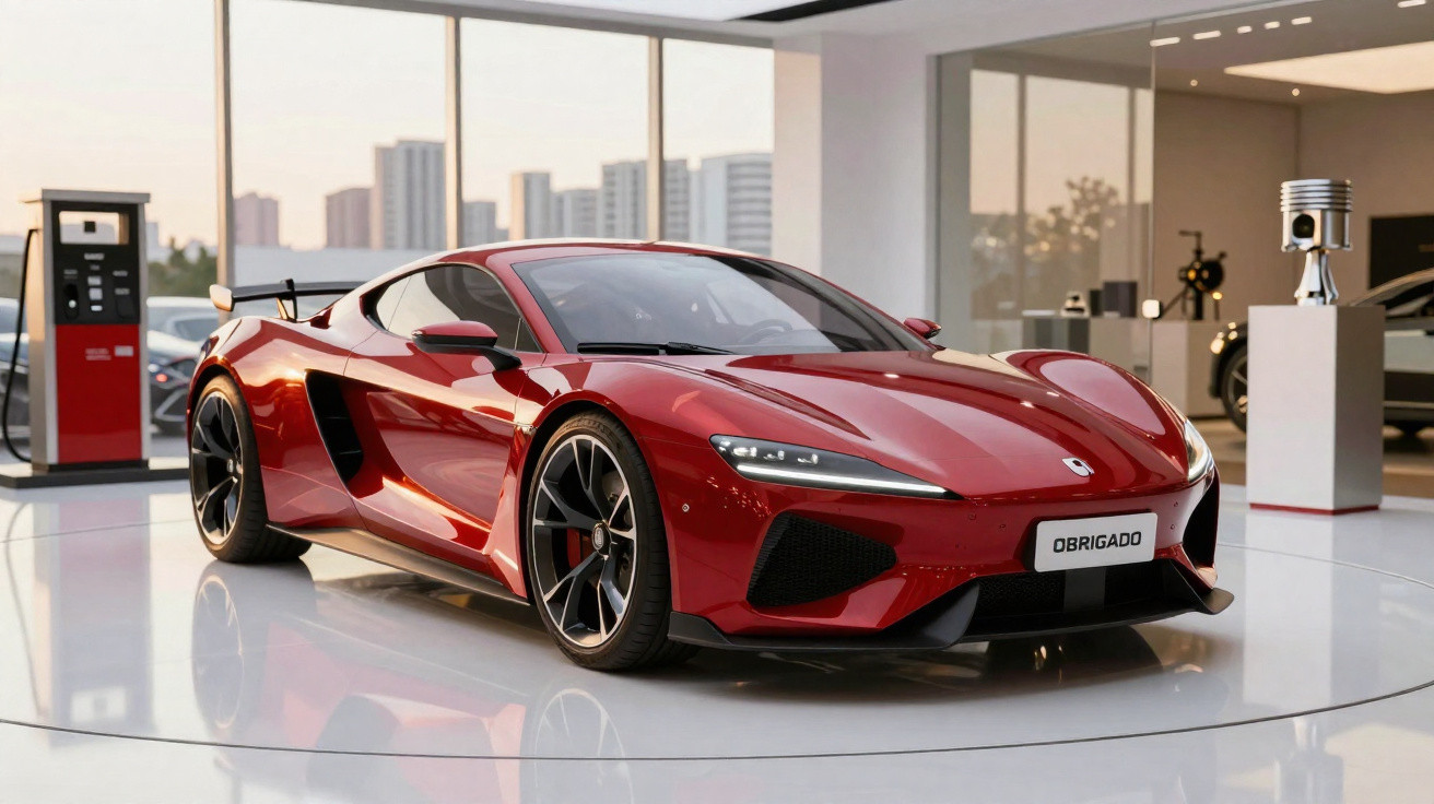 Roter Sportwagen mit aerodynamischem Design in einem modernen Showroom mit großen Glasfenstern.
