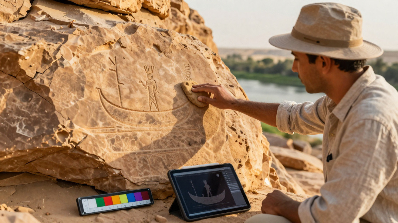 Ein Forscher dokumentiert Felsgravuren mit einem Tablet und Farbskala in einer Wüstenlandschaft.