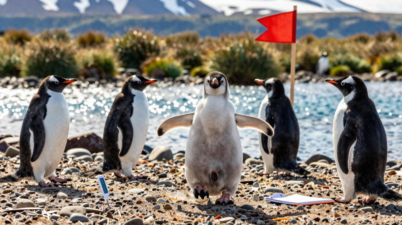 Fünf Pinguine stehen am Ufer, ein junger Pinguin mit ausgebreiteten Flügeln vor roter Flagge und Schreibtischutensilien.