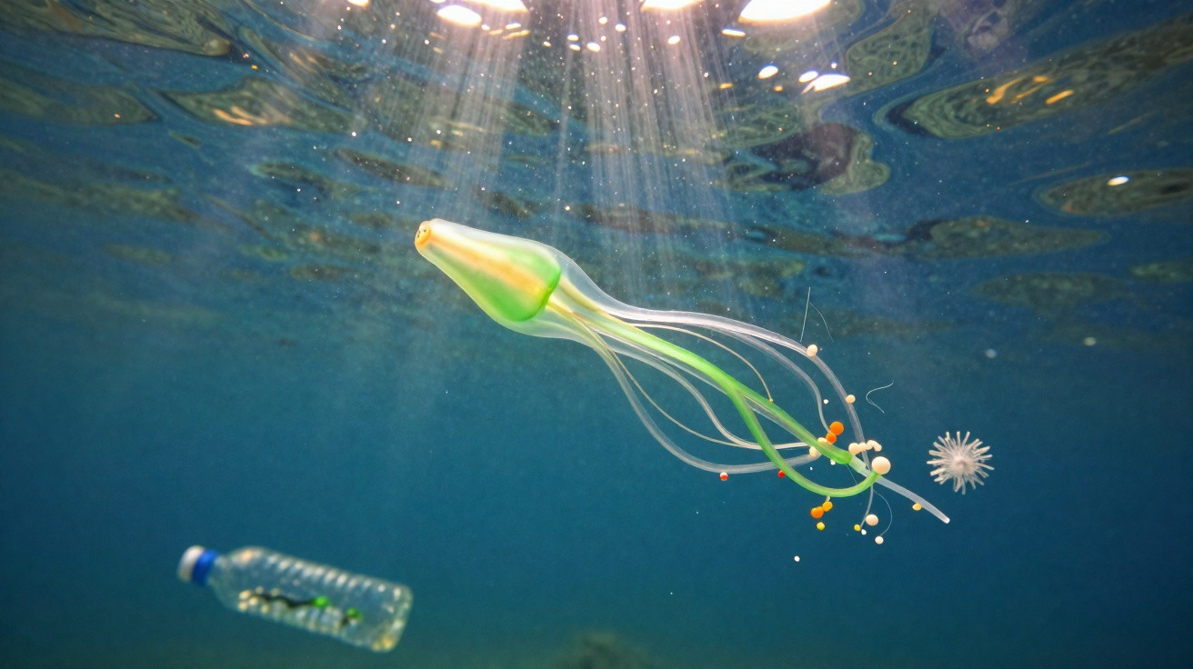 Plastikmüll im Ozean, der eine Qualle mit Tentakeln im Sonnenlicht nachahmt.