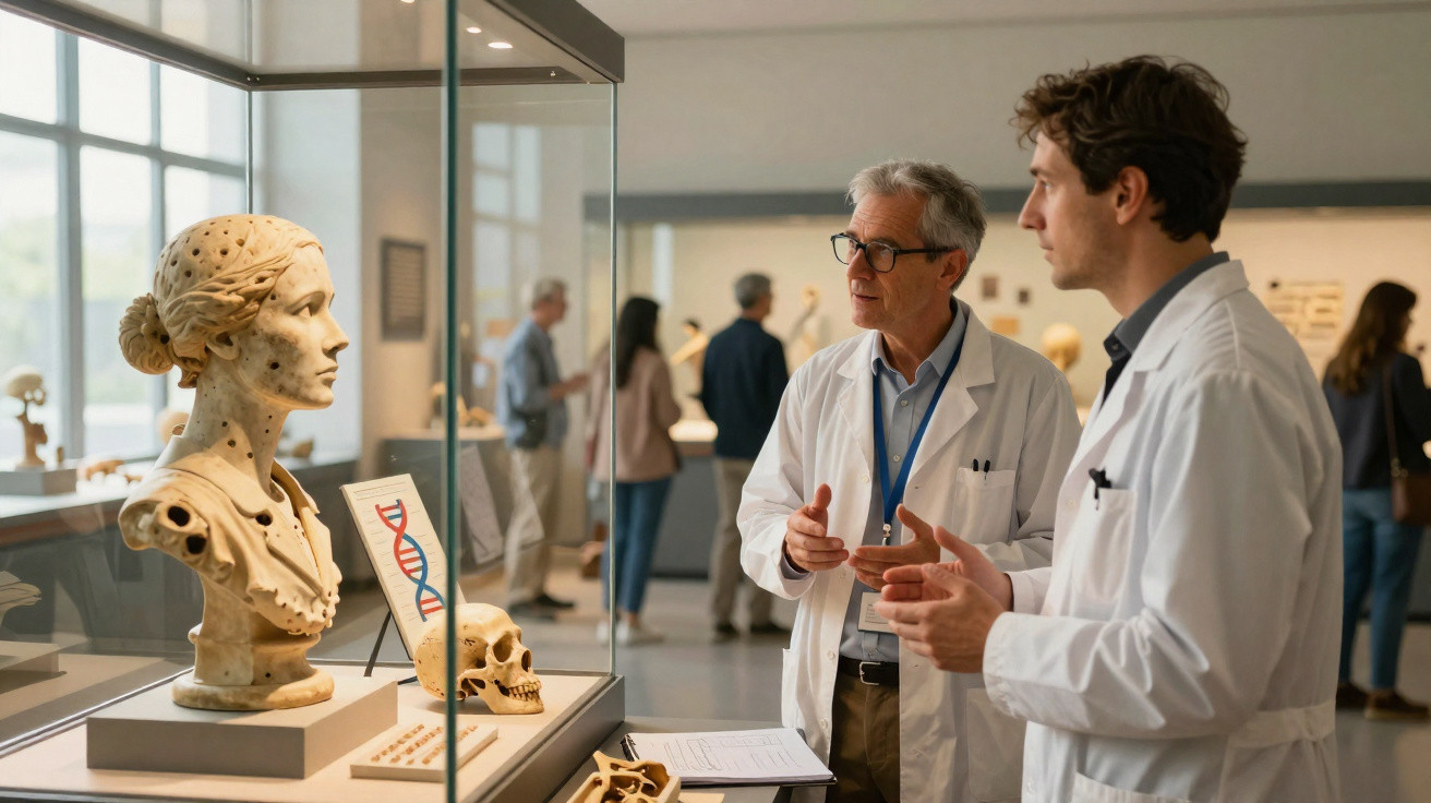 Zwei Wissenschaftler im weißen Kittel besprechen eine antike Büste und einen Schädel in einem Museum.