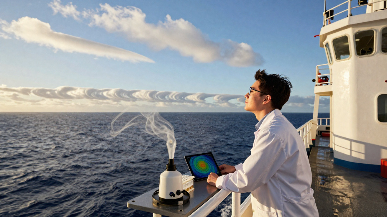 Wissenschaftler in weißem Kittel mit Tablet auf Schiff, misst Rauch über offenem Meer bei klarem Himmel.