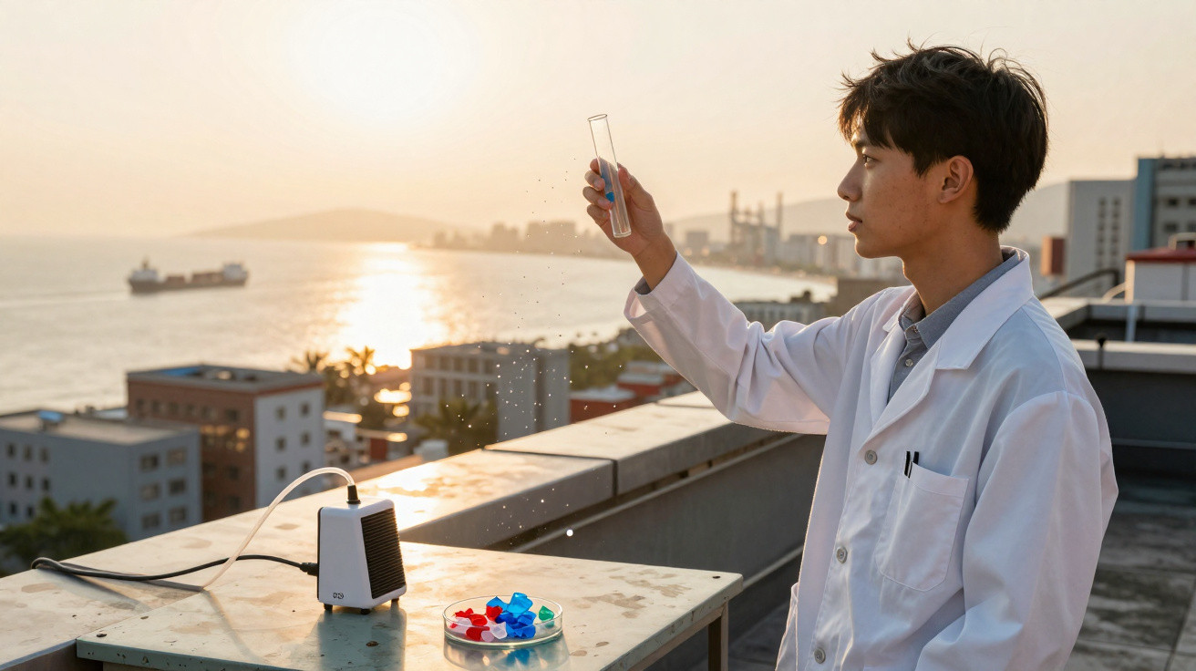Junger Wissenschaftler in weißem Kittel untersucht Reagenzglas auf Dach mit Meer- und Stadtblick bei Sonnenuntergang.