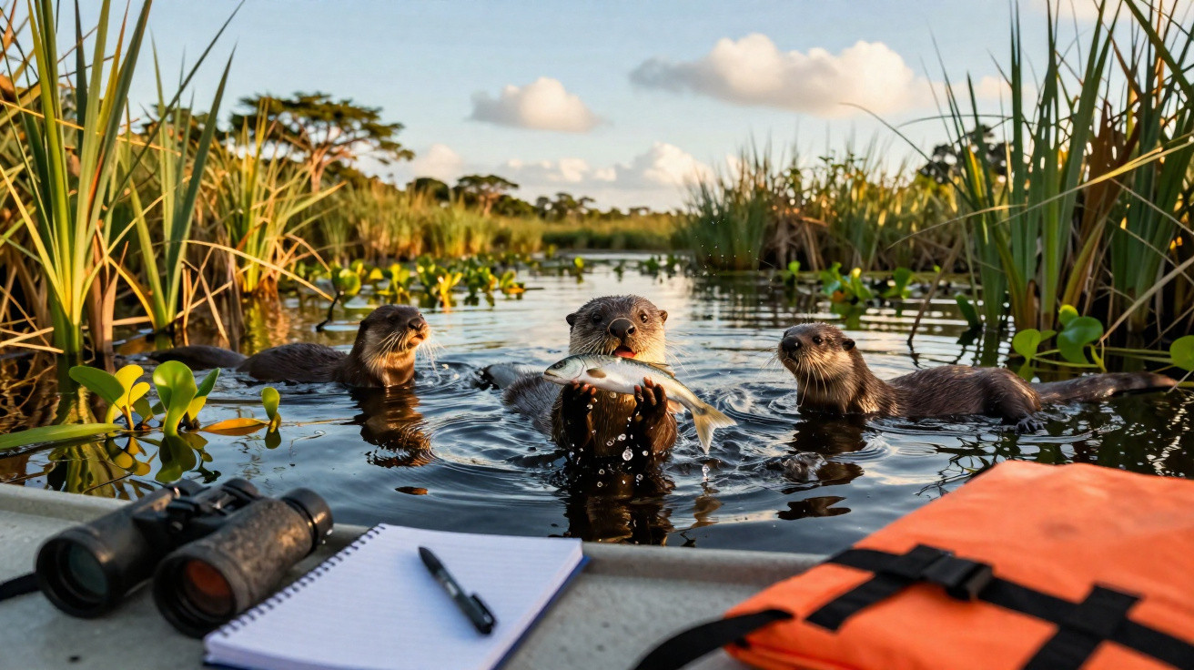 Drei Otter im Wasser, einer hält einen Fisch, im Vordergrund Fernglas, Notizbuch und orangefarbenes Rettungsweste
