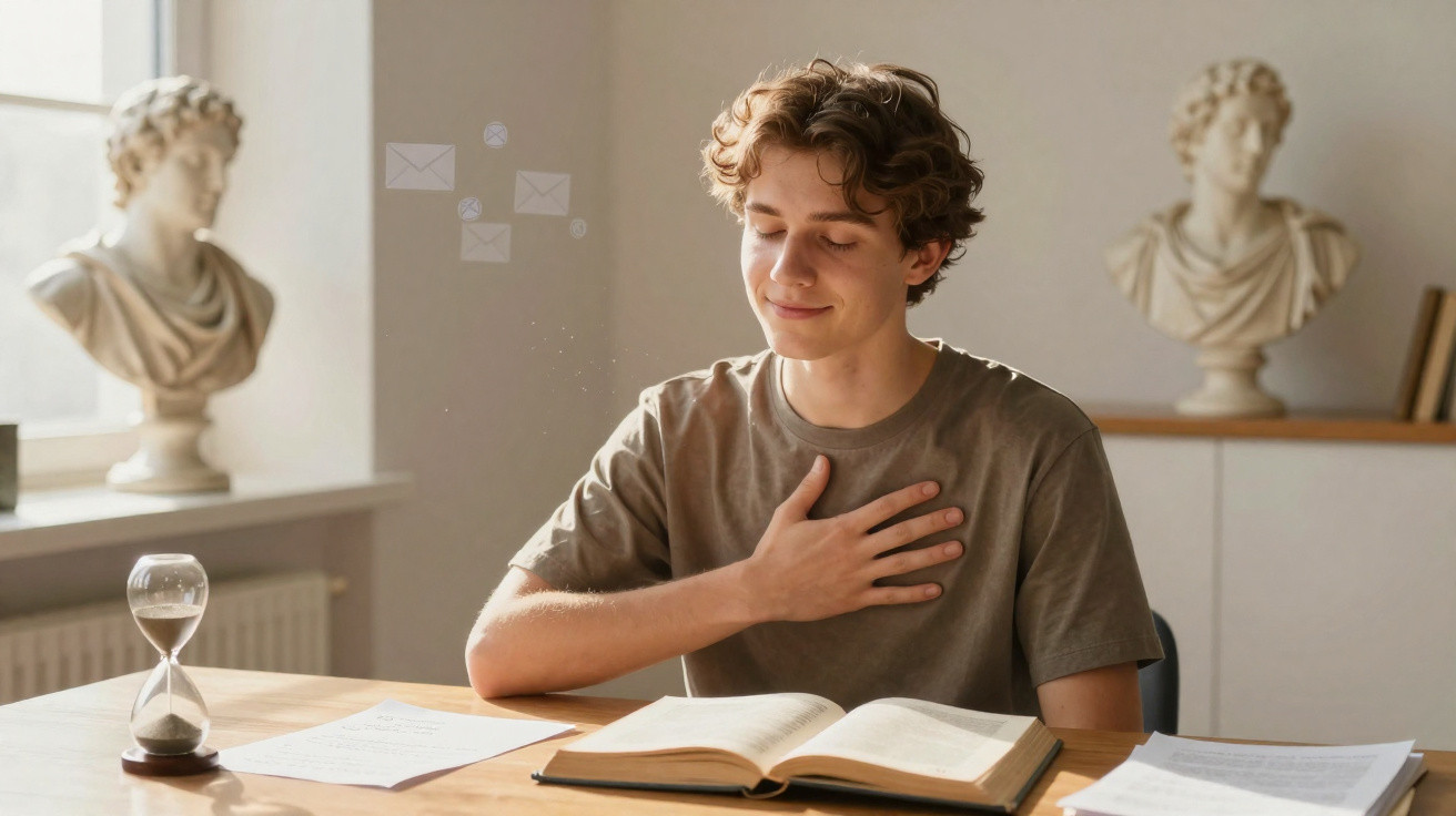 Junger Mann sitzt an Schreibtisch mit Buch, legt Hand auf Herz, zwei Büsten im Hintergrund, Licht von links.