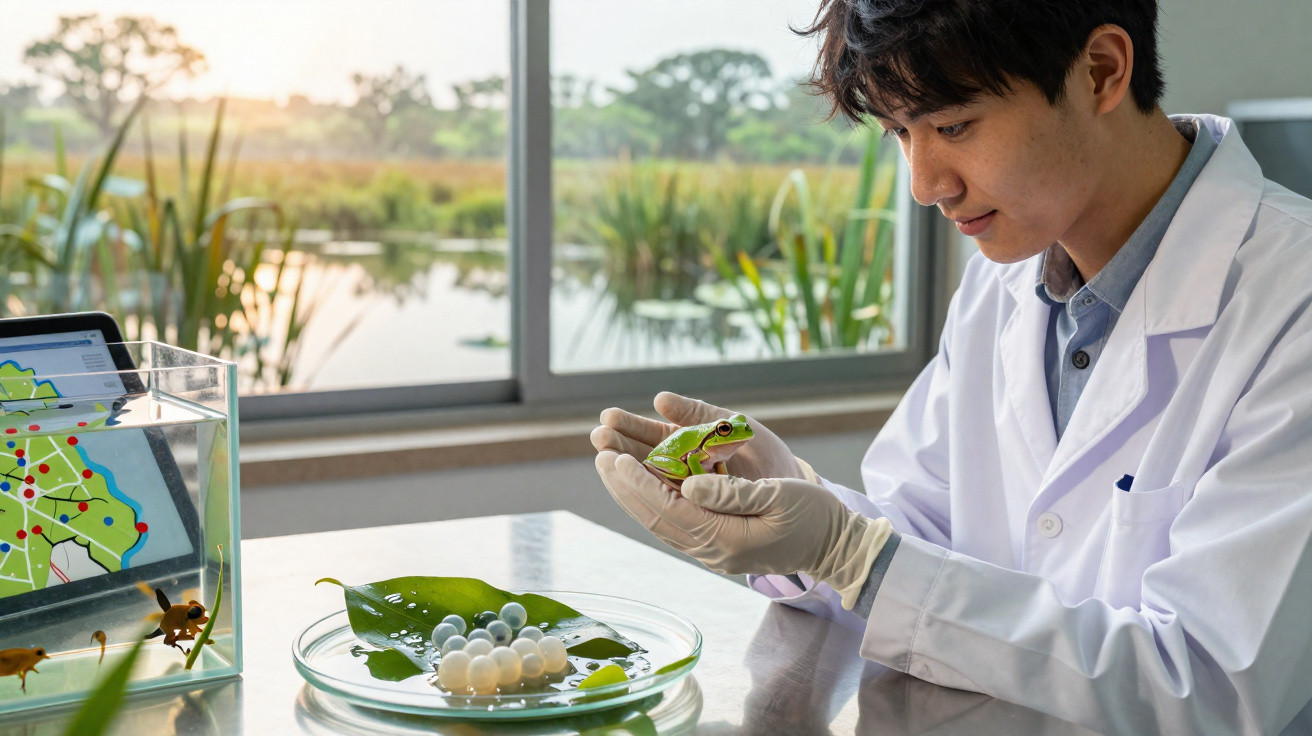 Wissenschaftler mit Handschuhen hält einen grünen Frosch in einem Labor mit Pflanzen und Wasserglasbehälter