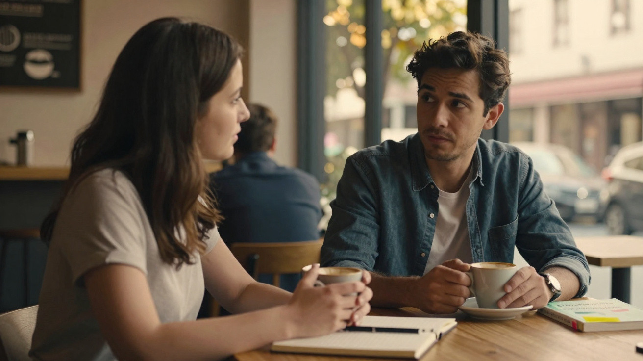 Zwei junge Erwachsene sitzen in einem Café und unterhalten sich bei Kaffee an einem Holztisch.