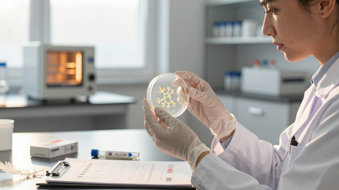 Wissenschaftlerin im Labor untersucht Petrischale mit gelbem bakteriellem Wachstum unter hellem Fensterlicht.