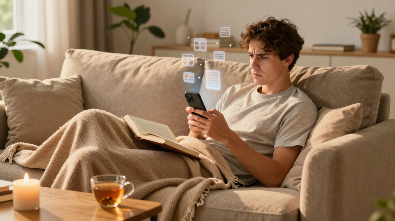 Junger Mann sitzt auf Sofa, liest Buch und nutzt Smartphone, warme und gemütliche Wohnzimmeratmosphäre.