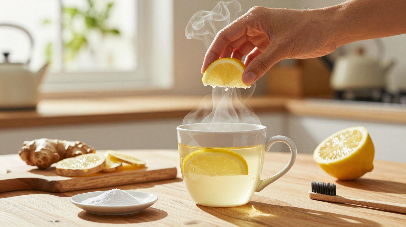 Hand presst Zitronenscheibe über dampfender Tasse mit Ingwertee in heller Küchenumgebung.