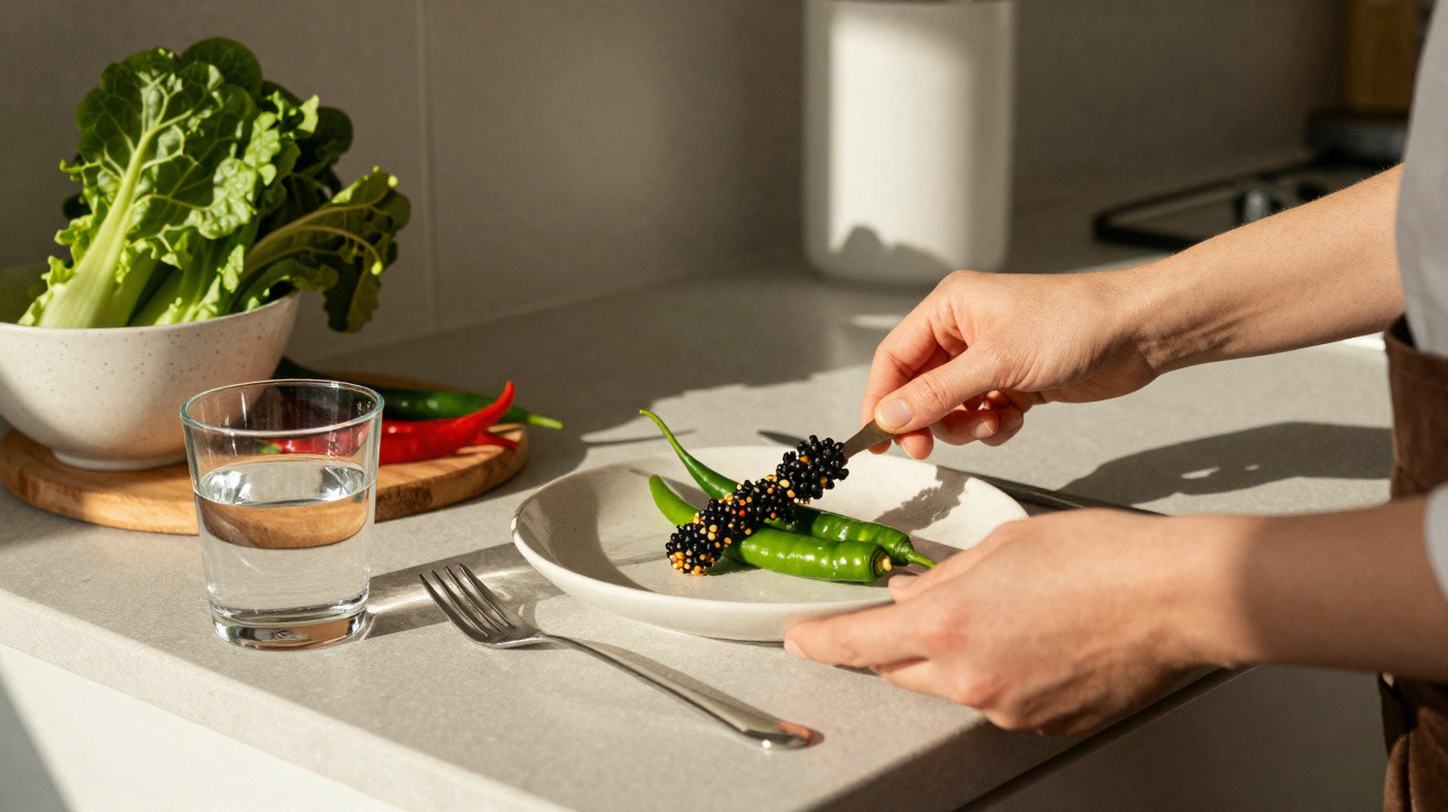 Person legt schwarze Chilis auf grünen Chili auf einem weißen Teller in heller Küche ab.