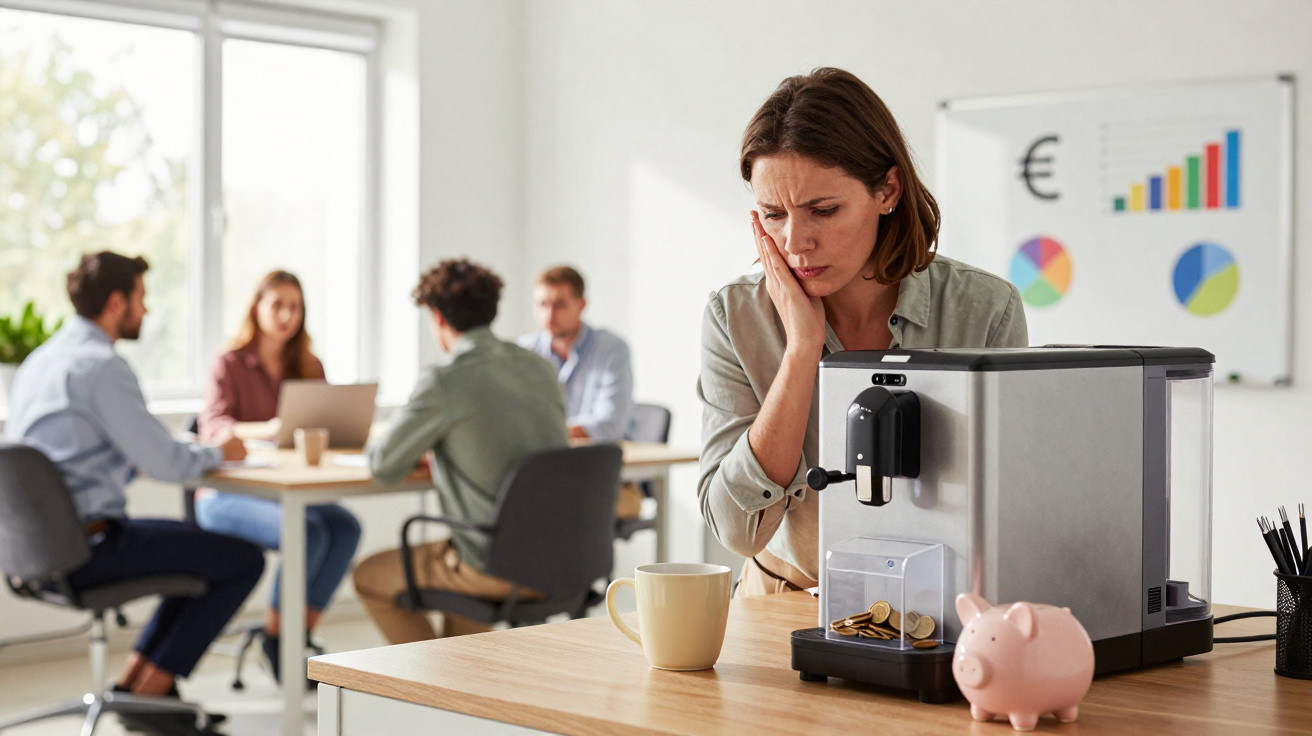 Frau schaut besorgt auf eine kleine Kaffeemaschine mit wenigen Münzen, im Hintergrund vier Personen am Besprechungstisch.