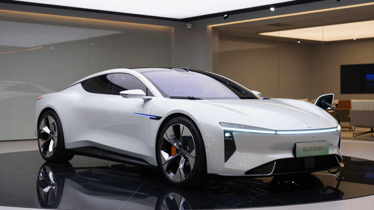 Weißes Elektro-Sportcoupé mit futuristischem Design in modernem Ausstellungsraum auf schwarzem Boden.