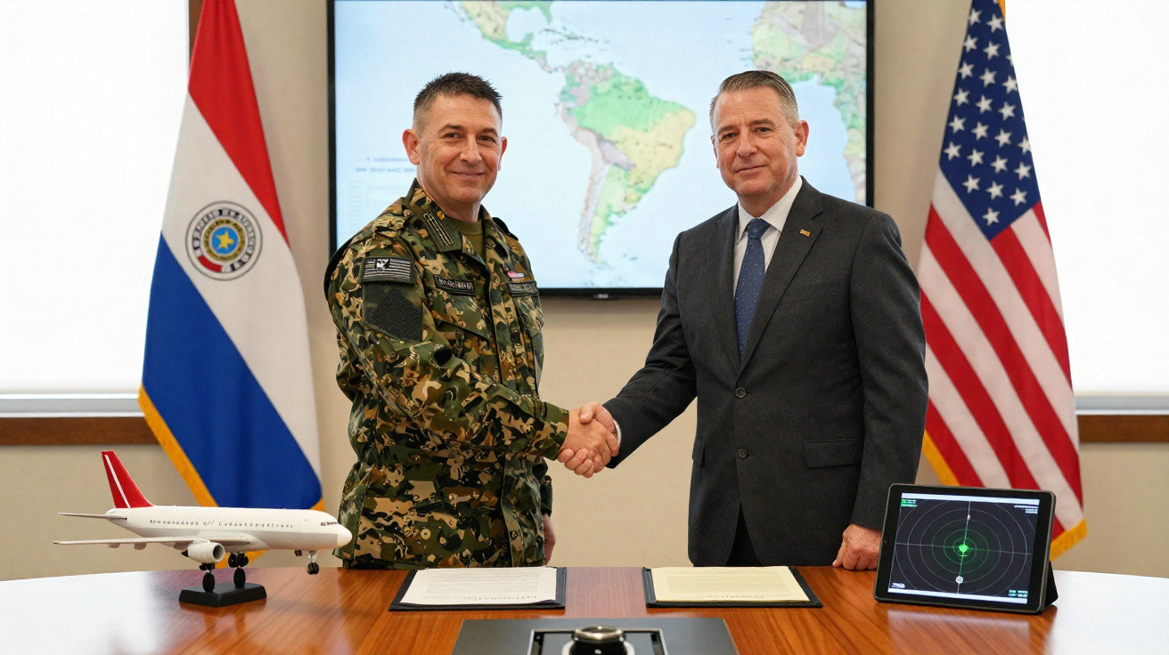 Zwei Männer schütteln Hände, einer in Militäruniform, einer im Anzug, mit Paraguay- und US-Flagge im Hintergrund.